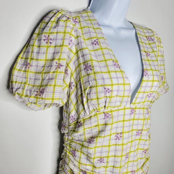 Zara Womens Embroidered Eyelet Gingham Check Mini Dress Size S Ruched Deep V - Picture 2 of 8